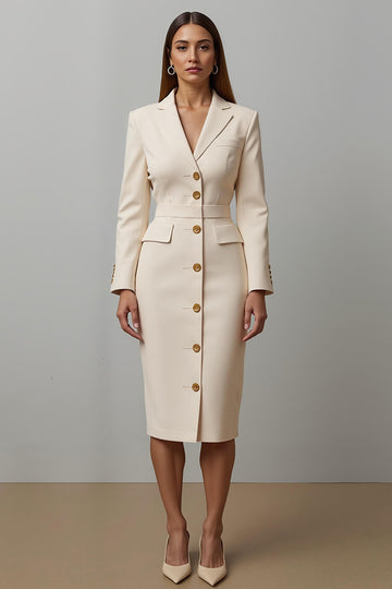 Champagne Notched Lapel Sheath Midi Work Dress